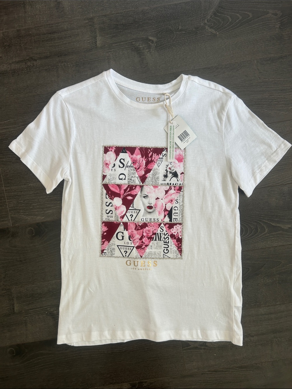 NWT GUESS White Organic Cotton Y2K Graphic Tee Floral Rhinestone Triangle Top /S
